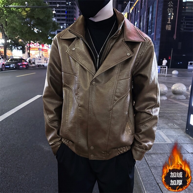 设计感西装领假两件PU水洗皮男痞帅夹克皮衣外套98815-P138绒148,男装夹克,电商A368