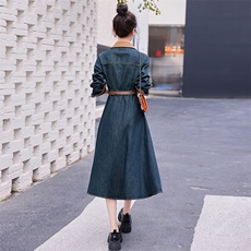 新款现货2026秋装复古色假两件衬衫领可脱卸牛仔连衣裙（配腰带），女装连衣裙，印象茜