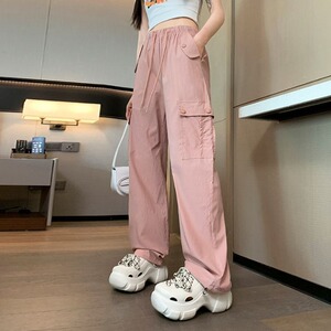 粉色工装阔腿裤女夏新款高腰垂感窄版小个子美式运动休闲裤图片