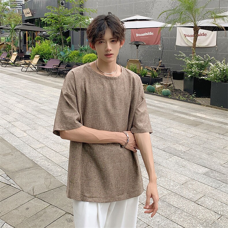 现货 夏季纯色亚麻潮宽松新中式大码棉麻短袖男MT08-特P25控48图片
