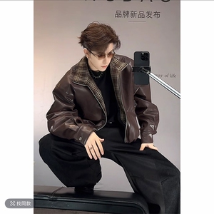 秋冬复古格子拼接机车皮衣夹克外套男潮 JK2377-P145（网图）图片