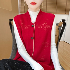 国风新中式100%纯羊毛马甲开衫女立领刺绣毛衣背心宽松羊绒衫坎肩，女装马甲，科源羊绒