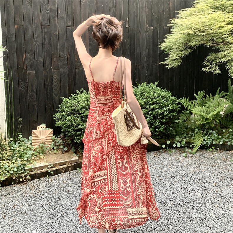 粉色掐腰连衣裙城市机能风性感吊带碎花长裙常规碎花显瘦气质夏季,女装连衣裙,2C167