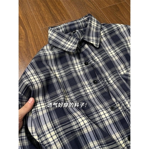 V3211HH-P38 美式复古cleanfit藏青色格子衬衫男美式衬衣外套春季图片