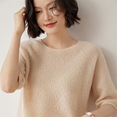 软糯亲肤~山羊绒短袖女圆领羊绒针织t恤纯色中半袖毛衣羊毛打底衫，女装羊绒衫，雪山红莲