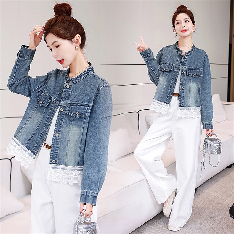 短款牛仔外套女2025年早春新款韩版立领蕾丝花边休闲百搭女士上衣，女装牛仔外套，星宇服饰