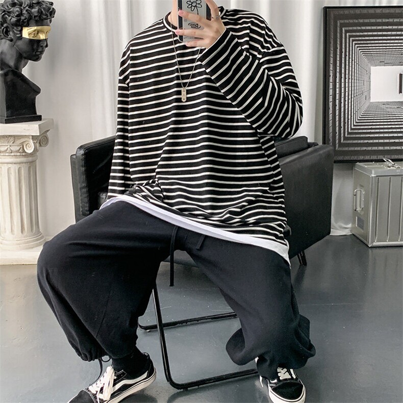 703-W219-P35春季条纹拼接假两件休闲长袖T恤,男装T恤,星座703