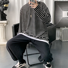 703-W219-P35春季条纹拼接假两件休闲长袖T恤，男装T恤，星座703