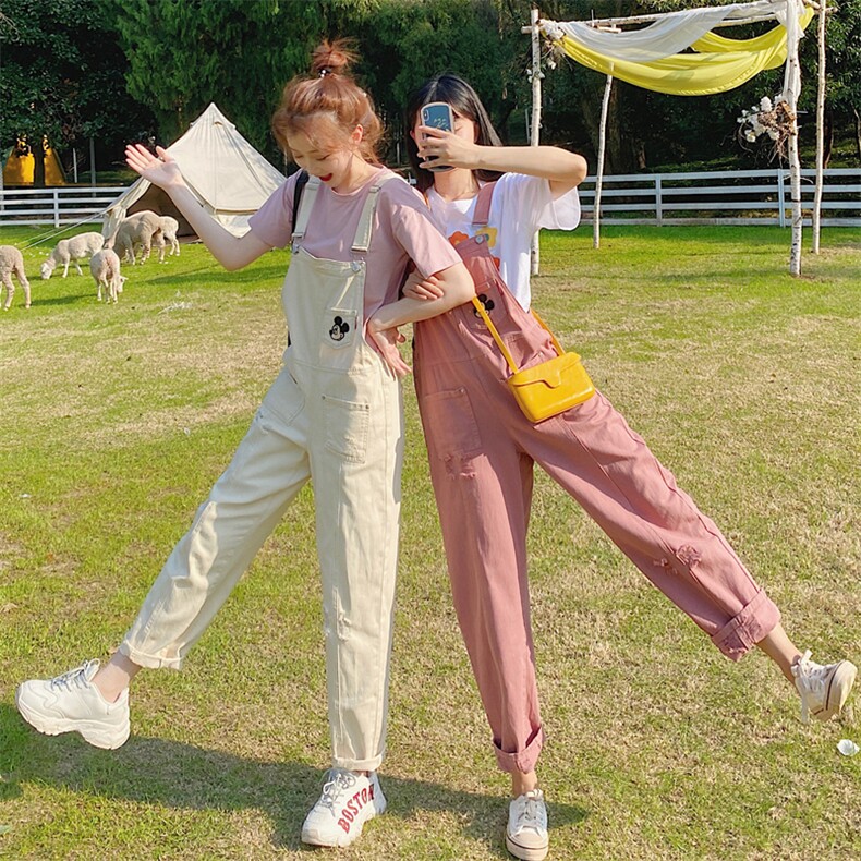 甜美粉色工装背带裤套装女春夏2025新款小个子韩版宽松休闲直筒裤,女装休闲裤,淑塔可可