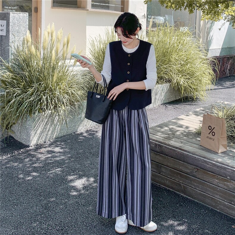 气质马甲条纹阔腿裤套装女2025年秋季新款休闲显瘦洋气穿搭两件套,女装套装/套裙,2C232