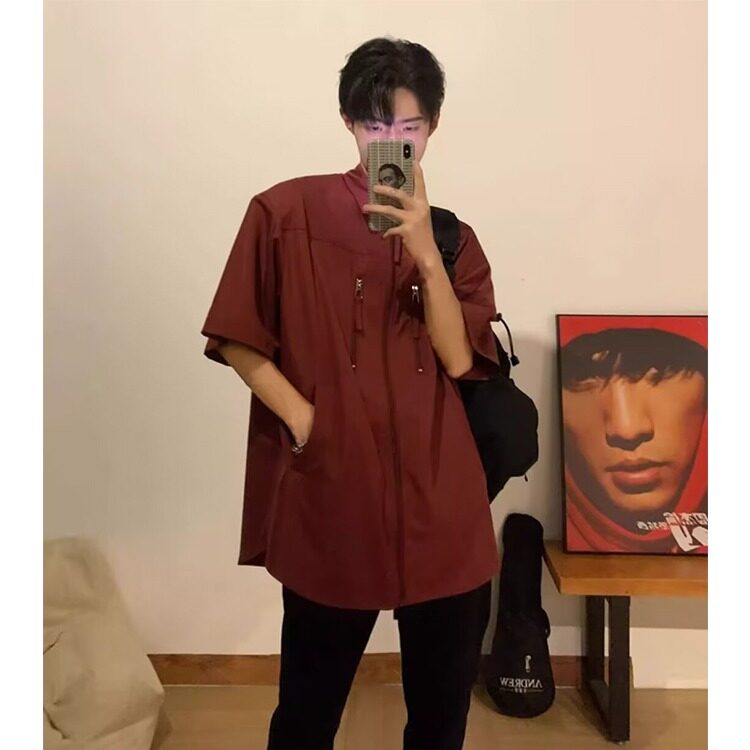 拉链垫肩衬衫男短袖夏高级感痞帅工装衬衣设计感cleanfit五分袖,男装衬衫,星座601-2
