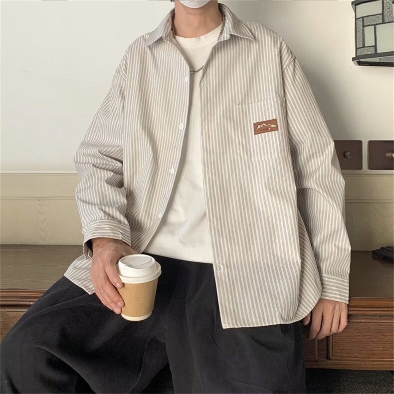 港风条纹衬衫男长袖复古潮流痞帅衬衣休闲上衣男生外套C566-p33,男装衬衫,星座1008