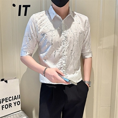 店主风社会小伙男七分袖烫金衬衫男休闲衬衣301A-1/CS563/P55，男装衬衫，星座301A-1