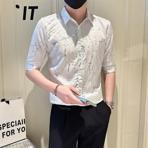 店主风社会小伙男七分袖烫金衬衫男休闲衬衣301A-1/CS563/P55图片