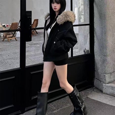 现货重磅boxy短款棉衣座山雕大毛毛领男女棉服水洗工装厚外套，男装棉衣，电商A486-1