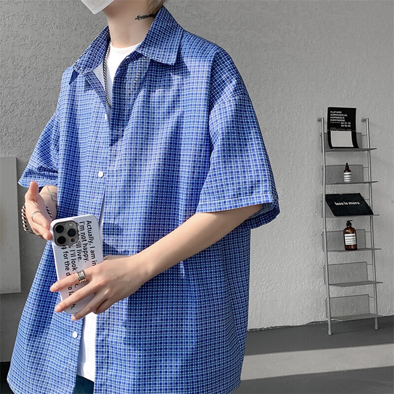 8XL-M短袖衬衫男夏宽松慵懒风痞帅条纹格子衫半袖外套DC28005P40图片