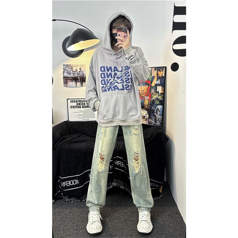 美式潮牌复古高街破洞牛仔裤男休闲宽松直筒乞丐裤TG1269-P45,男装牛仔裤,星座1001-1