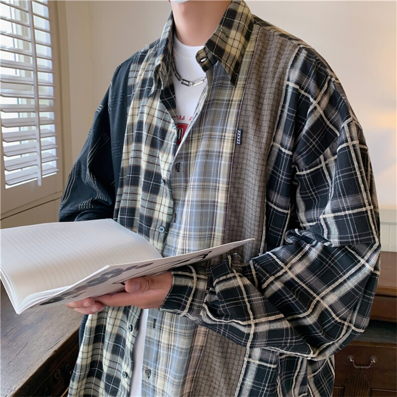 衬衫男秋季新款长袖格子拼接撞色日系复古休闲衬衣外套W5187-P41,男装衬衫,星座512-2