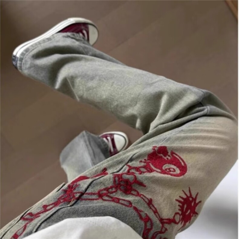 刺绣设计感水洗做旧牛仔裤男潮牌痞帅高街vibe直筒裤A2677-p45图片