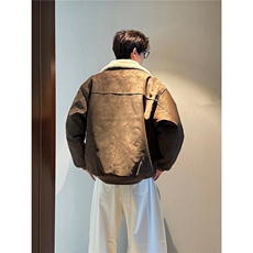 网图美拉德羊羔毛pu皮棉衣加绒加厚情侣棉服外套男H1166特P90，男装皮衣，电商A341