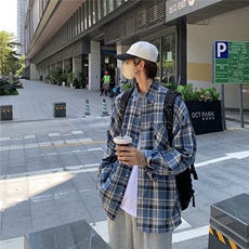 抖音大货格子衬衫男士宽松大码美式港风长袖衬衣CS7231P45-控69，男装衬衫，电商B413-1