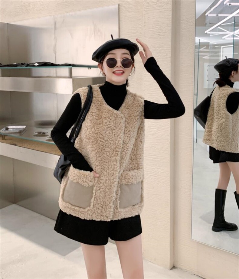 口袋拼麂皮马甲，女装马甲，吉之红