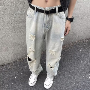 Vibe风高街水洗破洞牛仔裤男宽松休闲直筒阔腿裤图片