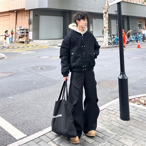 现货高品质美式高街冬季重磅硬挺短款座山雕毛领棉衣男女加厚外套图片