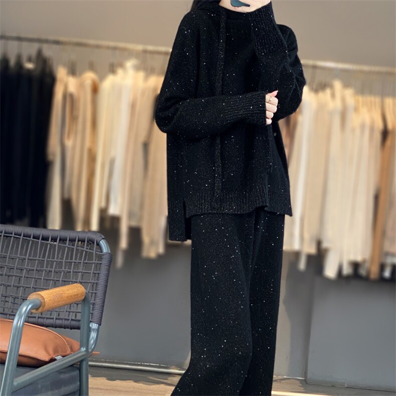 羊范秋冬加厚羊毛针织卫衣阔腿裤两件套女连帽豆子纱时尚套装,女装套装/套裙,宛庄羊绒