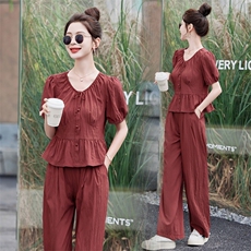 现货2026年夏季新款时尚气质显瘦轻薄舒适上衣阔腿裤套装两件套，女装套装/套裙，尚洛菲