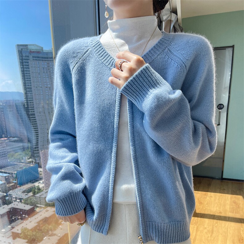 女士秋季新款时尚简约百搭宽松短款拉链羊毛开衫,女装羊毛衫,悦玛羊绒