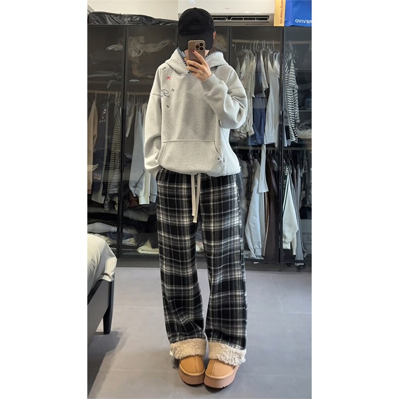 加绒加厚复古格子裤冬慵懒休闲百搭直筒阔腿裤5D2127-TP5598,男装卫衣,电商A102