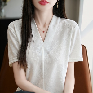 2025年新款短袖女夏季天丝V领提花内搭时尚气质百搭针织衫上衣图片
