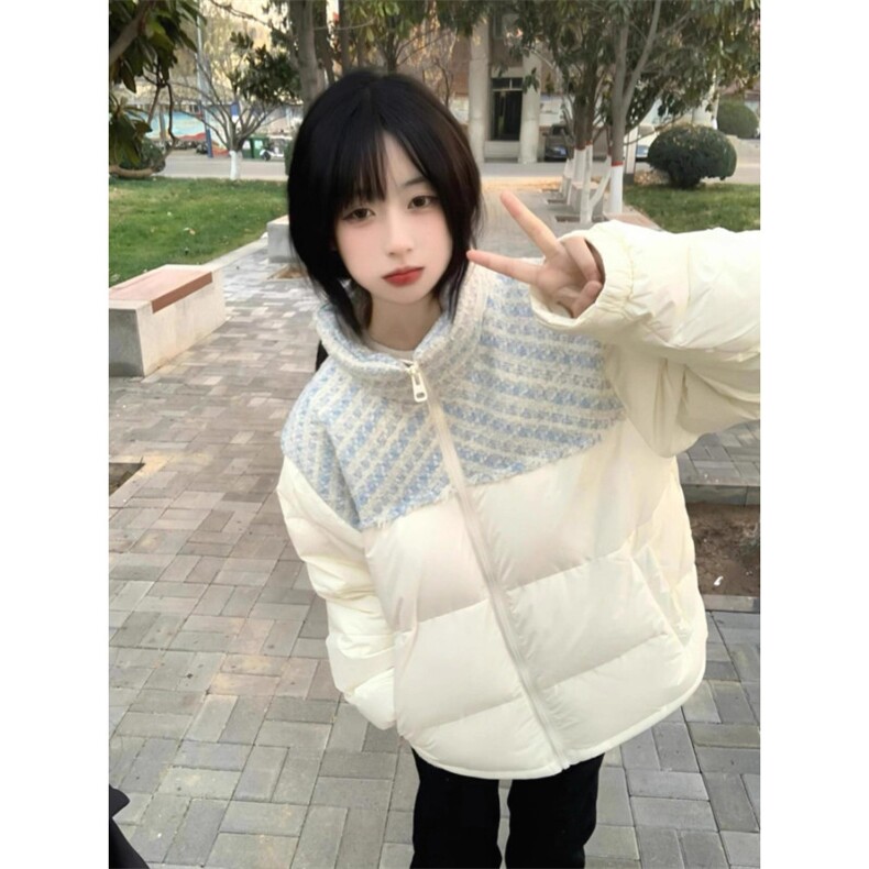 冬季新款小众设计感拼接插肩袖棉服女宽松百搭面包服加厚棉袄外套图片