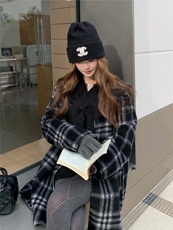 现货新款双面韩系格子披肩围巾双面羊绒大衣中长宽减龄羊毛呢外套，女装双面呢大衣，网红馆