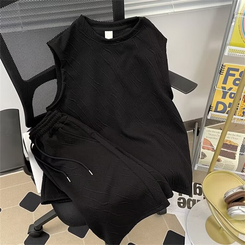 夏款男运动套装条纹提花短袖背心T恤短裤套装TZ61P50,男装T恤,星座1013-1