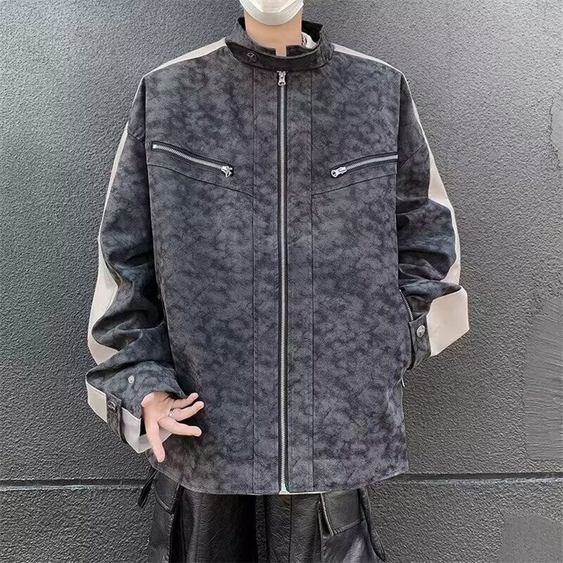 WT89-P75美式复古高街PU磨砂皮夹克男女秋季设计感宽松皮衣,男装夹克,电商B323A