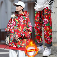 TZ204男女团队冬季加绒加厚连帽卫衣九分裤套装风东北大花潮，男装休闲套装，星座115A(原星座507）