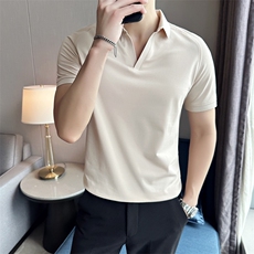 常年款V领简约夏季轻奢插肩袖翻领Polo衫多色大码T恤T0266-P50，男装T恤，电商D342