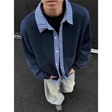 慵懒风开衫卫衣外套男春秋季2025新款格纹拼接衬衫领藏青色夹克衫，男装衬衫，星座1210-1