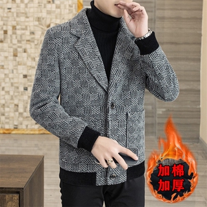2025新款男士加棉加厚短款西装领修身潮流毛呢外套A39P155控238图片