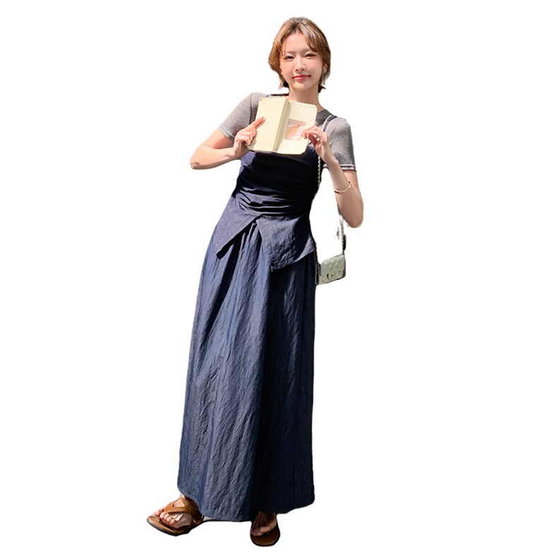 2025夏季新款韩版时尚短款小背心显瘦短袖长款假两件连衣裙,女装连衣裙,浙宝220