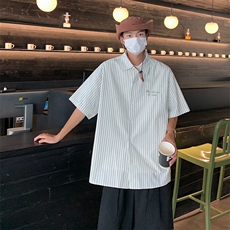 潮标准简约方领新款男条纹夏季潮流五分袖ins日常青春流行衬衫，男装衬衫，星座716-3