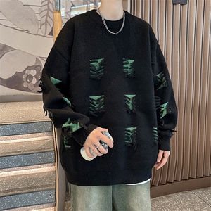 套头毛衣男女秋冬复古慵懒港风设计感小众情侣破洞针织衫Y781-P45图片