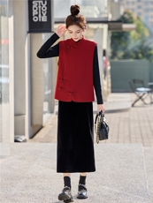 春装新款中式复古高级感盘扣马甲打底衫半身裙三件套时尚套装潮，女装套装/套裙，流量+