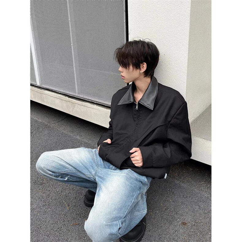 皮领黑色外套男秋季美式高街设计感cleanfit男生夹克 J693图片