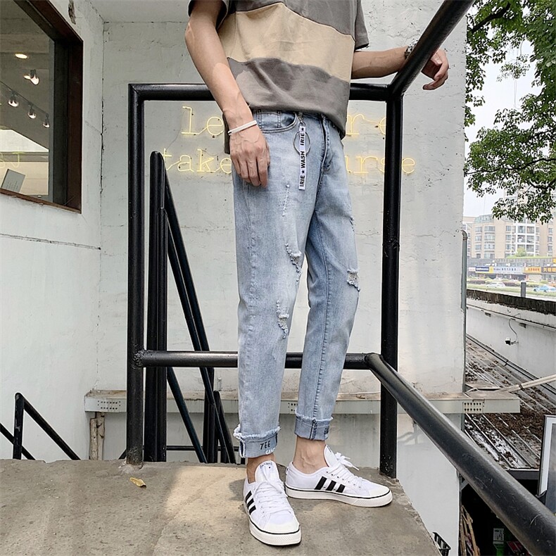 牛仔裤秋季精神小伙韩版潮牌修身9分小脚潮男休闲百搭浅色裤子p45,男装牛仔裤,星座410-6（原星座1304-1）