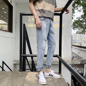 牛仔裤秋季精神小伙韩版潮牌修身9分小脚潮男休闲百搭浅色裤子p45图片