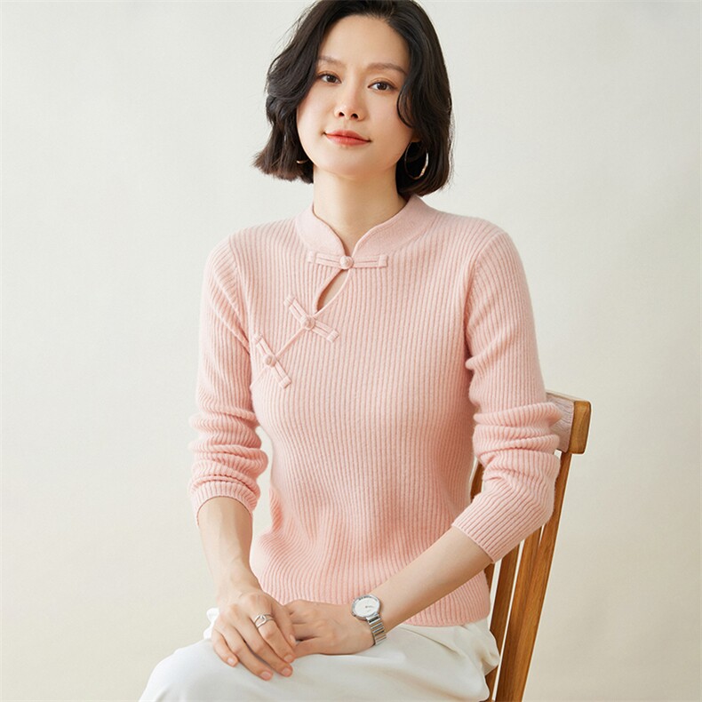优雅盘扣抽条半高领女士羊绒衫显瘦修身保暖时尚毛衣,女装羊绒衫,迎冬羊绒