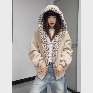 现货(网图)双面穿豹纹连帽座山雕PU皮棉衣情侣外套313B-PM06-P115图片